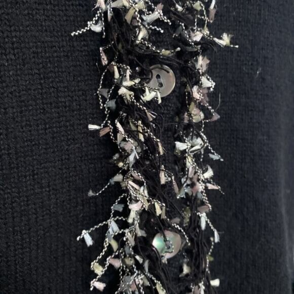 Neiman Marcus Cashmere Knit Sweater Cardigan Black White Fringe Pockets Button M - Picture 5 of 6